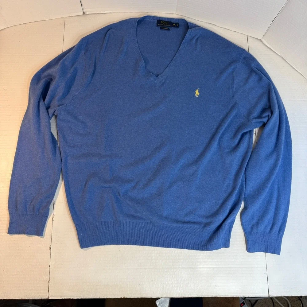 Ralph Lauren Men's 2XL Sweater Preppy Pony Blue Pima Cotton‎ V-neck Jumper EUC
